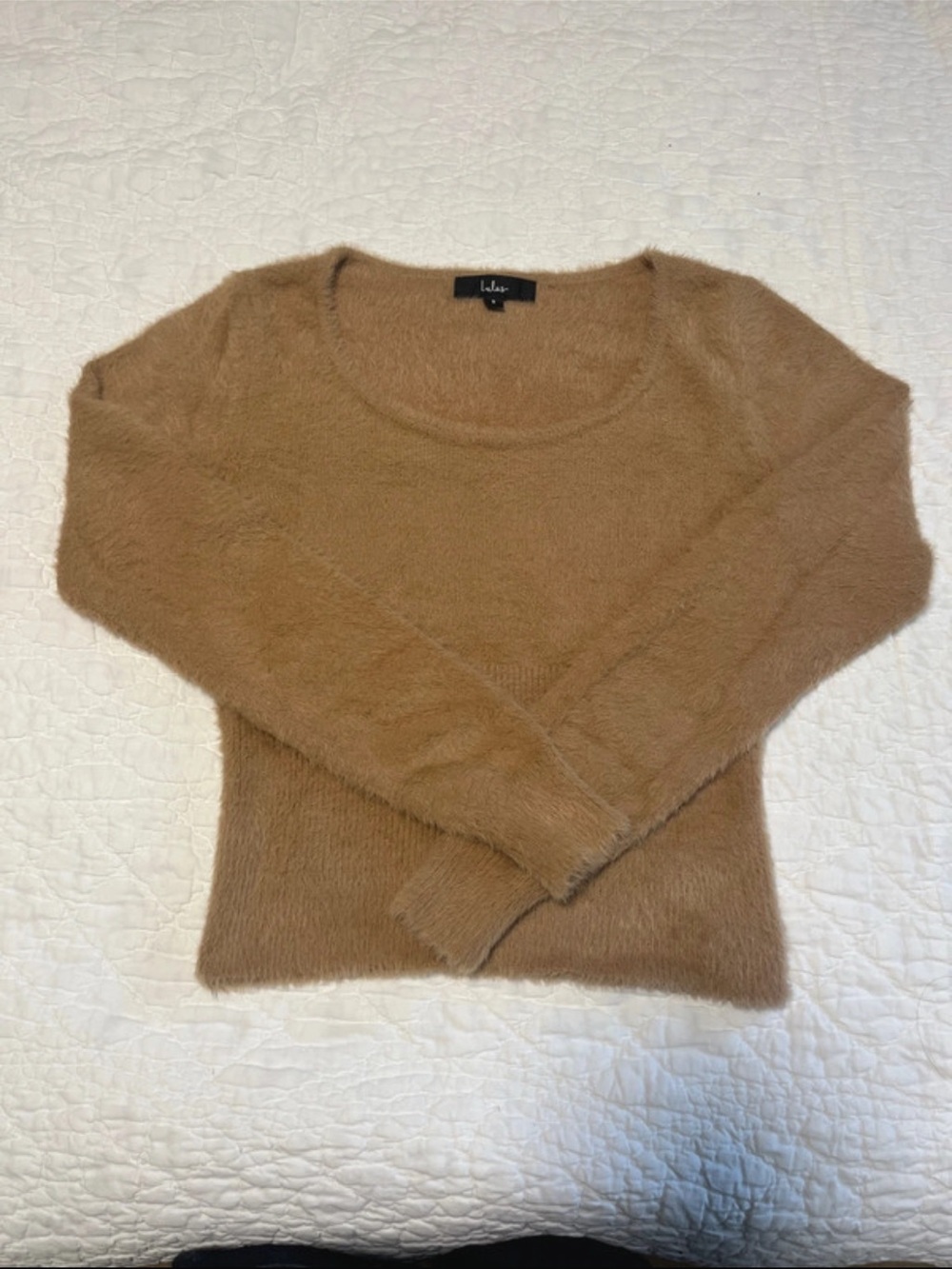 Lulu's Fuzzy Scoop Neck Sweater in Camel